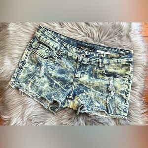 LOVESICK BLUE & GREEN ACID WASHED DISTRESSED SHORTS SIZE 3 “THE SHORT”